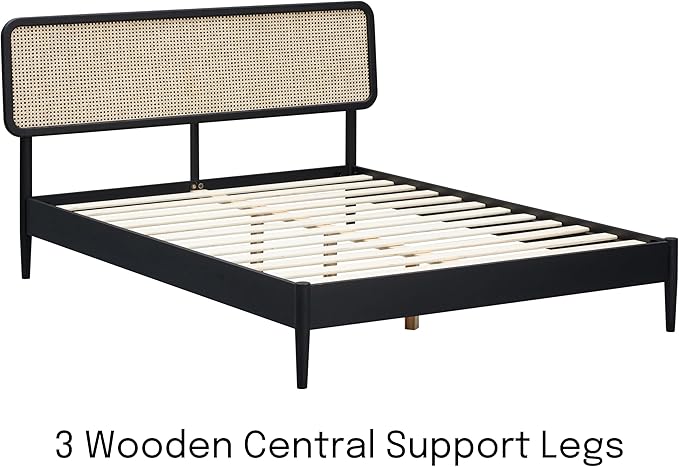 NTC Lupin Wooden Bed Frame with Headboard and Natural Rattan, Solid Oak Foundation with Silent Slats, 1000 Lb Capacity, Effortless Assembly, King - Burnt Black