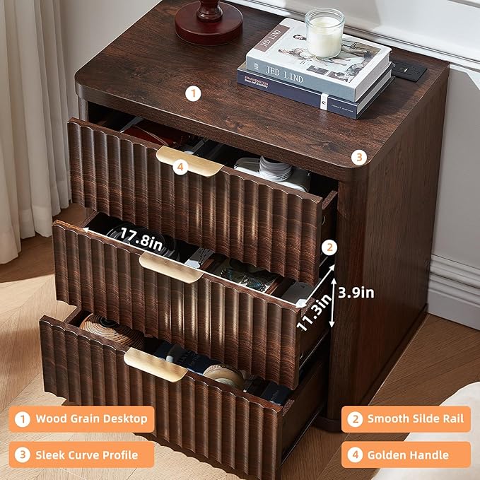 LEYAOYAO 23" Wide Fluted Farmhouse Night Stand Set of 2 with Charging Station, 3 Drawers Large End Table w/Metal Handle, Walnut Nightstand Bedside Table,Wood Dresser for Bedroom, Closet