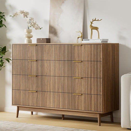 LYNSOM Fluted 8 Drawer Dresser for Bedroom, 55" Wide Modern Chest of Drawers with Curved Profile Design and Metal Handles, Wood Dresser TV Stand & Storage Organizer for Bedroom, Hallway, Walnut