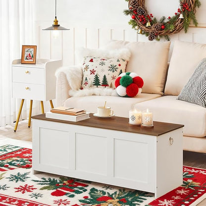 HOOBRO Storage Bench, 39.3" Retro Wooden Storage Chest, Wooden Storage Trunk, Toy Chest with Lift Top, Multifunctional Entryway Organizer, for Entryway, Living Room, White and Walnut WH141CW01