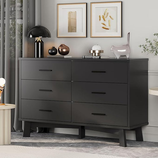 Dresser for Bedroom with 6 Drawer, Modern Chest of Drawers with X-Shaped Sturdy Base, Wide Wood Double Dresser Closet Clothes Storage Organizer, Wooden TV Stand for Living Room, Hallway, Black