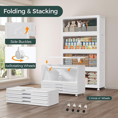 150Gal Stackable Storage Bins with Lid, 600Qt Extra Large Collapsible Storage Box with Doors and Wheels, Plastic Closet Organizer and Storage Cabinet Drawer for Home Kitchen, 5Pack White