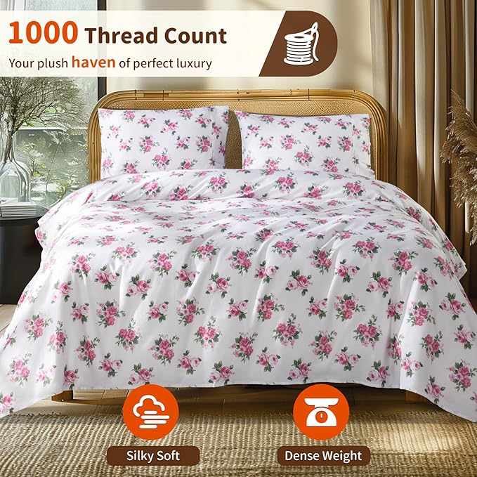 LBRO2M 1000 Thread Count Sheets 100% Egyptian Cotton Bedding Set Floral King Size 16 Inches Deep Pocket Bedding 4 Piece Sets (King, Peony)
