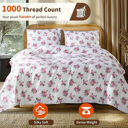 LBRO2M 1000 Thread Count Sheets 100% Egyptian Cotton Bedding Set Floral King Size 16 Inches Deep Pocket Bedding 4 Piece Sets (King, Peony)