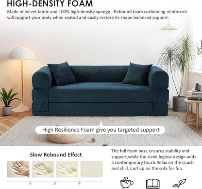 80" Convertible Sofa Bed, 3-in-1 Corduroy Folding Pull Out Couch with Pillows, No Assembly Modern Boneless Couch Compression Sofa in Box, Floor Sofa with Side Storage Pocket for Living Room,Dark Blue