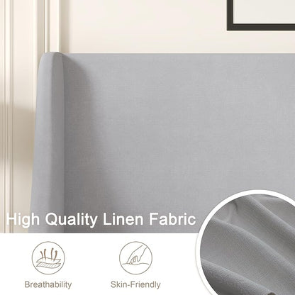 VECELO Full Bed Frame with Upholstered Wingback Headboard, Heavy-Duty Platform Bedframe with Charging Station, Wooden Slats, No Box Spring Needed, Light Grey