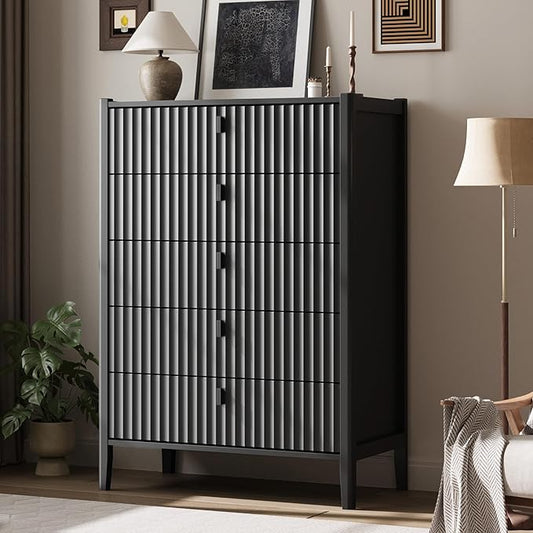 Black 5 Drawer Dresser, Modern Tall Dresser for Bedroom, Fluted Wood Chest of Drawers with Deep Drawers for Clothes, Storage Cabinet for Bedroom, Living Rooms, Offices, Entryways