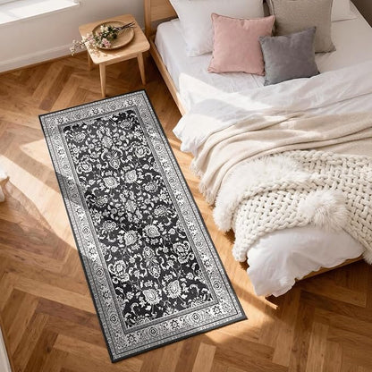 3x8 Runner Rugs for Hallways: Kitchen Runner Non Slip Washable Rug with Rubber Backing Stain Resistant Carpet Low Pile Floral Rugs for Bedroom Bathroom Laundry Living Room Black White 3x8