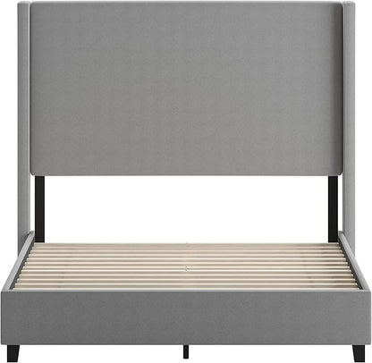 EMMA + OLIVER Nora Queen Size Faux Linen Upholstered Platform Bed with Plush Padded Wingback Headboard (No Box Spring Needed), Modern Upholstered Headboard Queen Bed Frame, Gray