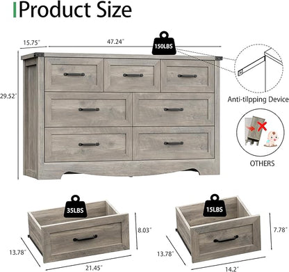 Dresser for Bedroom with 7 Drawers, 48" Wide Modern Chest of Drawers with Deep Drawers & Mental Handle, Wood Dresser TV Stand, Wooden Closet Storage Organizer for Living Room, Hallway, Entryway, Grey