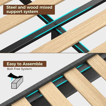 Rolanstar King Size Bed Frame, Storage Headboard with Charging Station and LED Lights, Upholstered Bed with Heavy Duty Wood Slats, No Box Spring Needed, Noise Free, Easy Assembly, Dark Grey