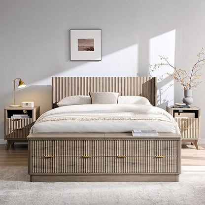 T4TREAM Fluted Queen Size Bed Frame with Wingback Headboard, Footboard Storage Bench with Built-in Drawers & Lift-Up Compartments, Wood & Steel Platform Bed, No Box Spring Needed, Grey Alder