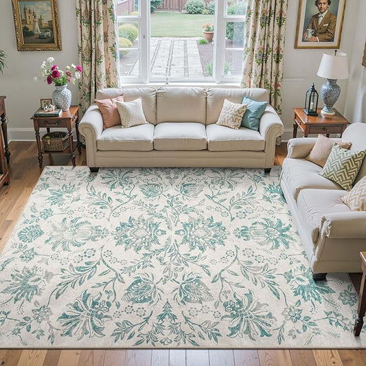 jinchan Torino Floral 8x10 Area Rugs Vintage-Inspired Design Accent Living Room Rug Machine Washable Ultra-Thin Low-Pile Non-Slip Traditional Carpet for Bedroom Dining Room Home Office