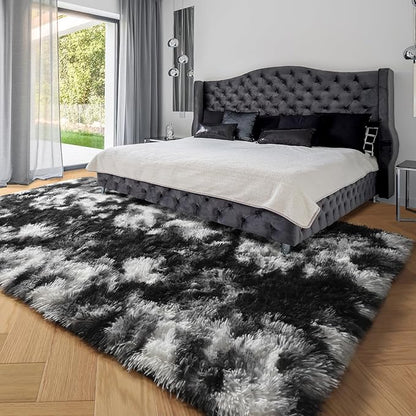 PAGISOFE 9x12 Area Rugs Living Room, Extra Large Black White Grey Machine Washable Rugs for Bedroom Fluffy Indoor Rugs for Kids Room Classroom Dorm Room Aesthetic Shaggy Carpet Plush Modern Cool Rug