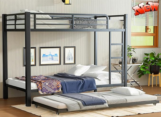Upgraded Version Thicken Heavy Duty Metal Twin XL Bunk Bed with Twin Size Trundle, Modern Style Stronger Bunk Bed Frame for Adults, Easy Assembly (Twin XL)