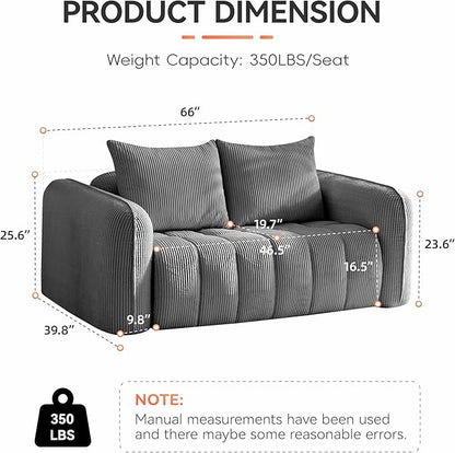 66'' Boneless Corduroy Loveseat Sofa, 2 Seater Tufted Deep Seat Couch with Rounded Armrest, Upholstered Cloud Couch for Living Room, Bedroom, No Assembly, Grey