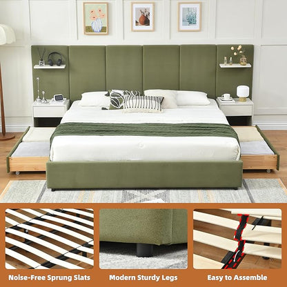 King Bed Frame with Storage & Built-in Nightstands, Velvet Upholstered Platform Bed Frame with Drawers & 2 Floating Storage Shelves, Noise-Free, No Box Spring Needed, Easy Assembly, Green