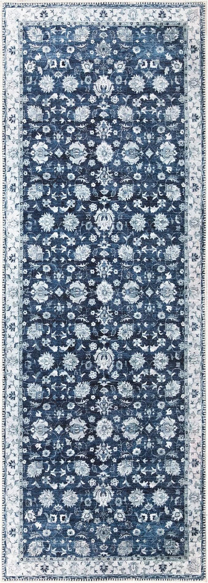 Bloom Rugs Washable Non-Slip 10 ft Runner - Dark Blue Traditional Bordered Runner for Entryway, Hallway, Bathroom, and Kitchen - Exact Size: 2.5' x 10'