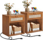 LEYAOYAO Rattan Nightstands Set of 2 with Charging Station, Natural Wood Night Stand with Drawer, 23" Wide Boho Bedside Table Open Cabinet, Bed Side Table Dresser for Bedroom, Living Room, Entrance