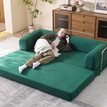79'' Convertible Sleeper Sofa Bed, 3-in-1 Foldable Floor Couch with Corduroy Upholstery, No Assembly Loveseat, Light Brown Lounge Mattress for Living Room, Studio, Guest Room (Light Green)