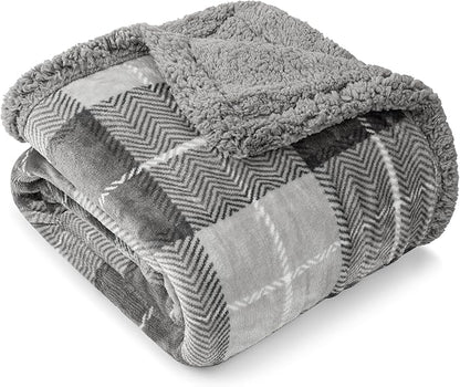 Pavilion Light Grey Plaid Sherpa Throw Blanket for Couch Twin, Plush Flannel Fleece Throws, Soft Fuzzy Cabin Blanket for Sofa Bed, Warm Cozy Winter Gift, 60x80
