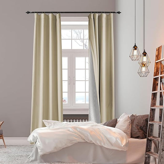 3-in-1 100% Blackout Curtains 120 Inches Long, Thermal Insulation, Soundproof Back Tab Drapes for Bedroom Living Room Sliding Glass Door, with Pin Hooks, Beige 50x120 Inch 1 Panel