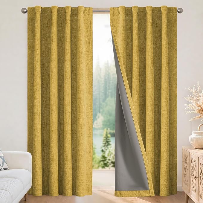 Joydeco Linen Blackout Curtains for Bedroom - 100% Light Blocking 1 Panels, Yellow Drapes 70" W x 96" L, Thermal Insulated Room Darkening Curtains for Living Room, Rod Pocket & Back Tabs