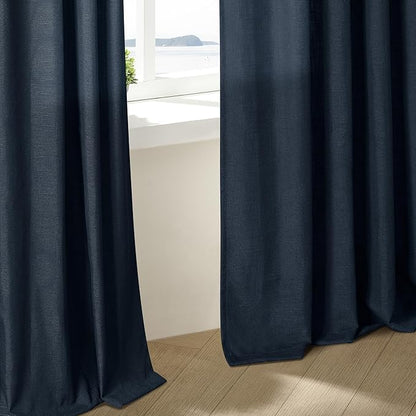 Navy Blue Pleated Linen Curtains 96 Inches Long for Living Room 2 Panel Set Semi Sheer Light Filtering Pinch Pleat with Rings Hooks Drapes Boho Farmhouse Dark Blue Indigo Curtain Bedroom Window