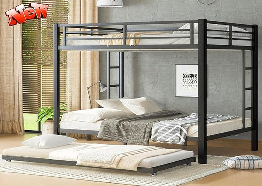 Upgraded Version Thicken Stronger Metal Heavy-Duty Queen Over Queen Bunk Bed with Twin Size Trundle, Bunk Bed Queen Size for Adults with Ladders, Easy Assemble (Queen/Queen)