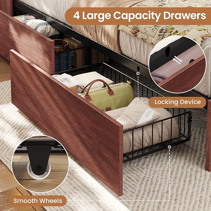 VIAGDO Farmhouse Bed Frame Queen Size with Bookcase Storage Headboard, Charging Station and LED Lights, Wooden Queen Bed Frame with 4 Drawers, Barn Door Design, No Box Spring Needed, Reddish Brown