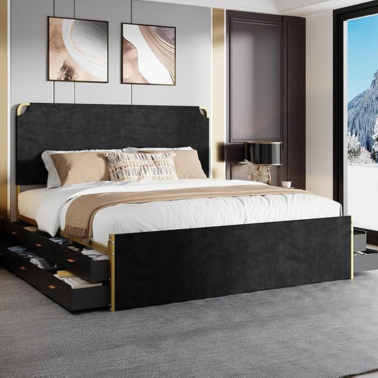 King Size Bed Frame with 12 Storage Drawers and Headboard, Metal Platform Bedframe, No Box Spring Needed, Stable and Solid, Noise Free. (Black+Velvet, King)