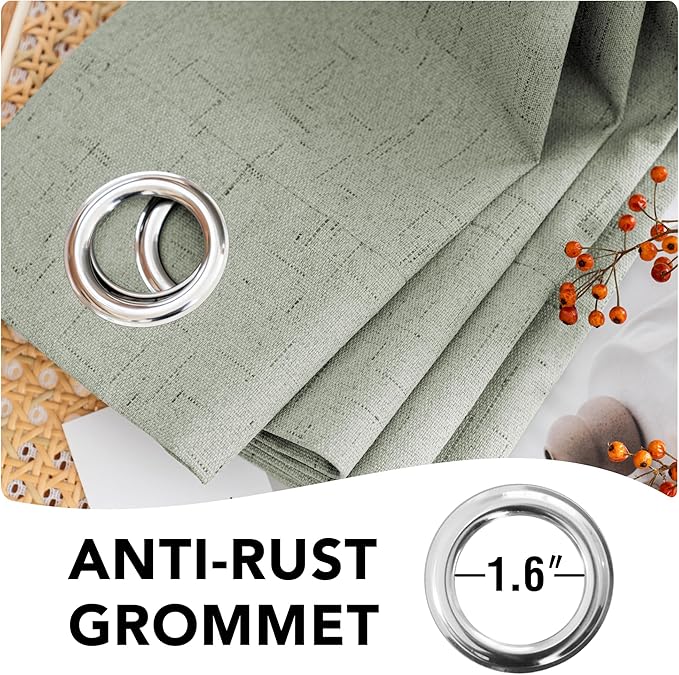 H.VERSAILTEX Linen Blackout Curtains 108 Inches Long 100% Absolutely Blackout Thermal Insulated Textured Linen Look Curtain Draperies Anti-Rust Grommet, Energy Saving with White Liner, 2 Panels, Sage