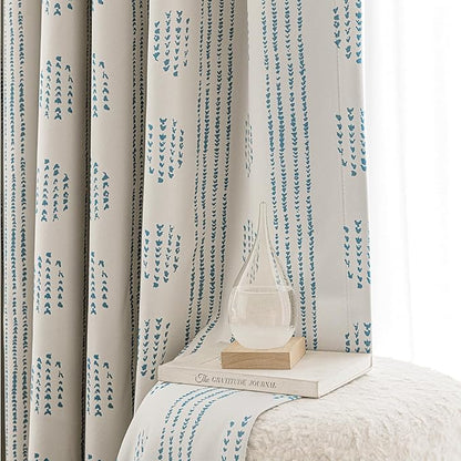 100% Boho Blackout Curtains 90 Inches Long for Bedroom, Blue on Beige Patterned Bohemian Curtains for Living Room, Geometric Striped Thermal Insulated Window Drapes Gromment Top 2 Panels