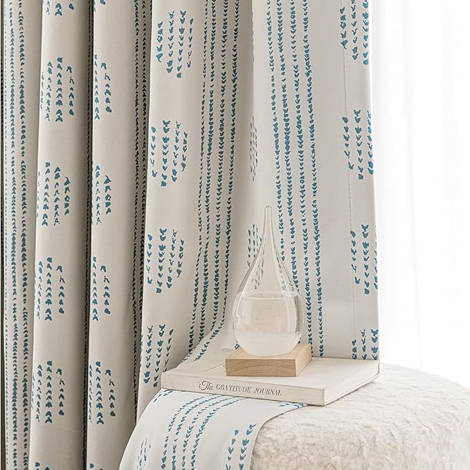 100% Boho Blackout Curtains 72 Inches Long for Bedroom, Blue on Beige Patterned Bohemian Curtains for Living Room, Geometric Striped Thermal Insulated Window Drapes Gromment Top 2 Panels