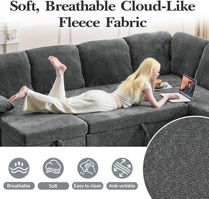 VINGLI Convertible Sofa Bed Couches for Living Room, Sleeper Sofa with Pull Out Couch Bed, Cloud-Like Plush Fleece U-Shape Sectional Couch with Storage Chaise, USB Charging, Side Pockets
