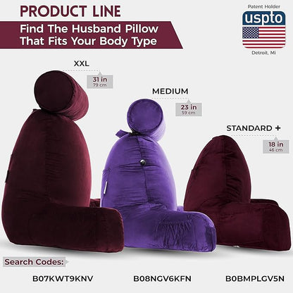 Husband Pillow Medium Aspen Edition Mauve Purple, Sit Up Reading & Bed Rest with Arms, Ultra-Comfy, Detach Neck Roll - Premium Shredded Memory Foam Backrest, Reverses to Micro: Suede or Plush