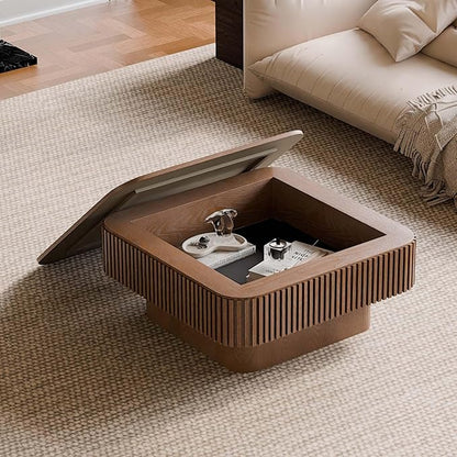 Square Small Coffee Table with Storage, Modern Wooden Coffee Table with Solid Wood Veneered, Fluted Center Table Drum Tea Table for Living Room Apartment, 31.5''L×31.5''W×14''H