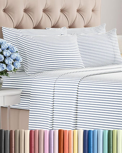 King 6 Piece Sheet Set - Cooling, Comfy & Breathable - Hotel Luxury Bedding, Includes Fitted Sheet for Women, Men, Kids & Teens - 1 Flat, 1 Fitted Sheet, 4 Pillowcases w/Deep Pockets - Blue Stripes