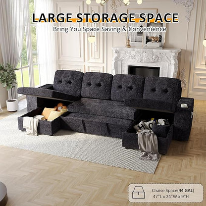 117" Sleeper Sofa Bed, U-Shaped Sofa with Dual Reversible Storage Chaise | Adjustable Backrest | Wide Armrest, Sectional Couches for Living Room, 4 in 1 Pull Out Couch Bed, Navy Blue Chenille