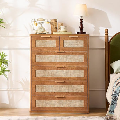 LEYAOYAO Rattan Dresser for Bedroom Set of 2, 41" Tall Chest of Drawers, Modern 6 Drawers Boho Dressers with Storage, Vintage Brown Dresser Wooden Closet Organizer for Living Room, Hallway