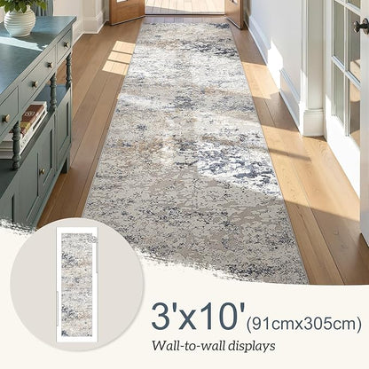 3x10 Washable Runner Rug for Hallway: Soft Neutral Modern Abstract Low Pile Rug Indoor - Carpet for Bedroom Dining Room Kitchen Entryway - Beige Blue