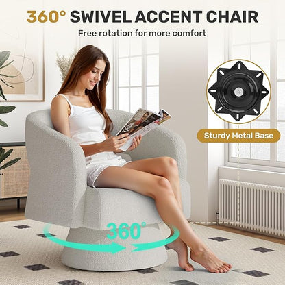 Swivel Accent Chair Set of 4, Modern Comfy Teddy Barrel Chairs, Oversized Upholstered Round Arm Chair for Living Room, Bedroom, Reading Room, White