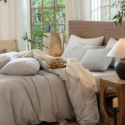MooMee Wavy Striped Duvet Cover Set 100% Washed Cotton Linen Like Textured Breathable Durable Soft Comfy (Light Grey, Full 80"x90")