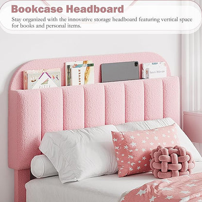 Jojoka Queen Bed Frame with Storage Headboard and 2 Drawers, Boucle Upholstered Platform Bed, Modern Girls Bed Frames for Rooms, No Box Spring Needed, Easy Assembly, Light Pink