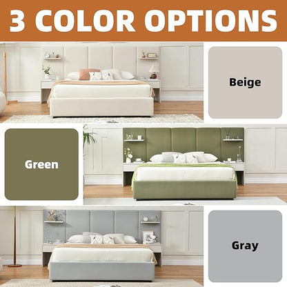 Queen Bed Frame with Storage & Built-in Nightstands, Velvet Upholstered Platform Bed Frame with Drawers & 2 Floating Storage Shelves, Noise-Free, No Box Spring Needed, Easy Assembly, Gray