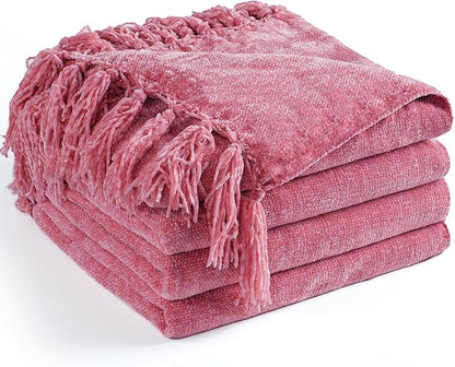 Chenille Throw Blanket for Couch 60"X 80" Twin, Soft Cozy Throws with Fringe Tassel for Bed Sofa Chair Cover, Lightweight Knitted Decorative Boho Blankets for Living Room, Rose Pink