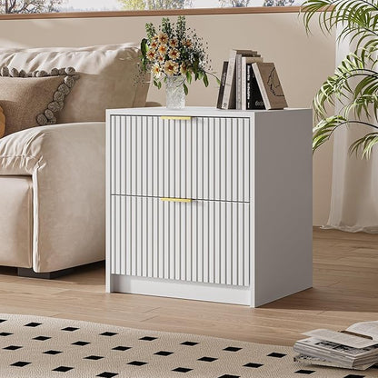 Set of 2 Fluted Nightstand with 2 Drawers, Modern Storage Bedside Table with Golden Metal Handles, Wooden End Table for Bedroom, White
