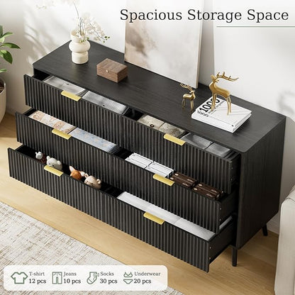 LYNSOM 55" Wide Fluted Dresser for Bedroom with 6 Drawer, Modern Chest of Drawers with Curved Profile Design and Metal Handles, Wood Dresser TV Stand & Storage Organizer for Living Room, Black