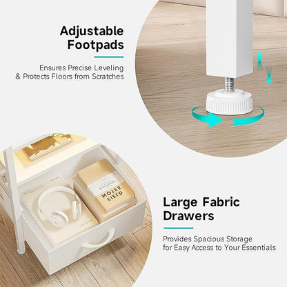 Night Stand Bedside Charger Bedroom - Nightstand with Charging Station, 2 U-S-B Ports & 2 AC Outlets, Tall Bed Side Table with LED Light Strip, Storage Shelf & 4 Fabric Drawers, White