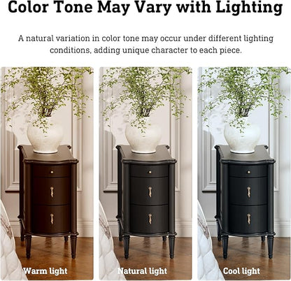 STO'SENSE Nightstand w/Charging Station & 3 Drawers, Pre-Assembled, Vintage Side Table w/Antique-Finished Pulls, Rustic Wood Finish, Narrow End Table w/Turned Legs for Bedroom (1, Black)